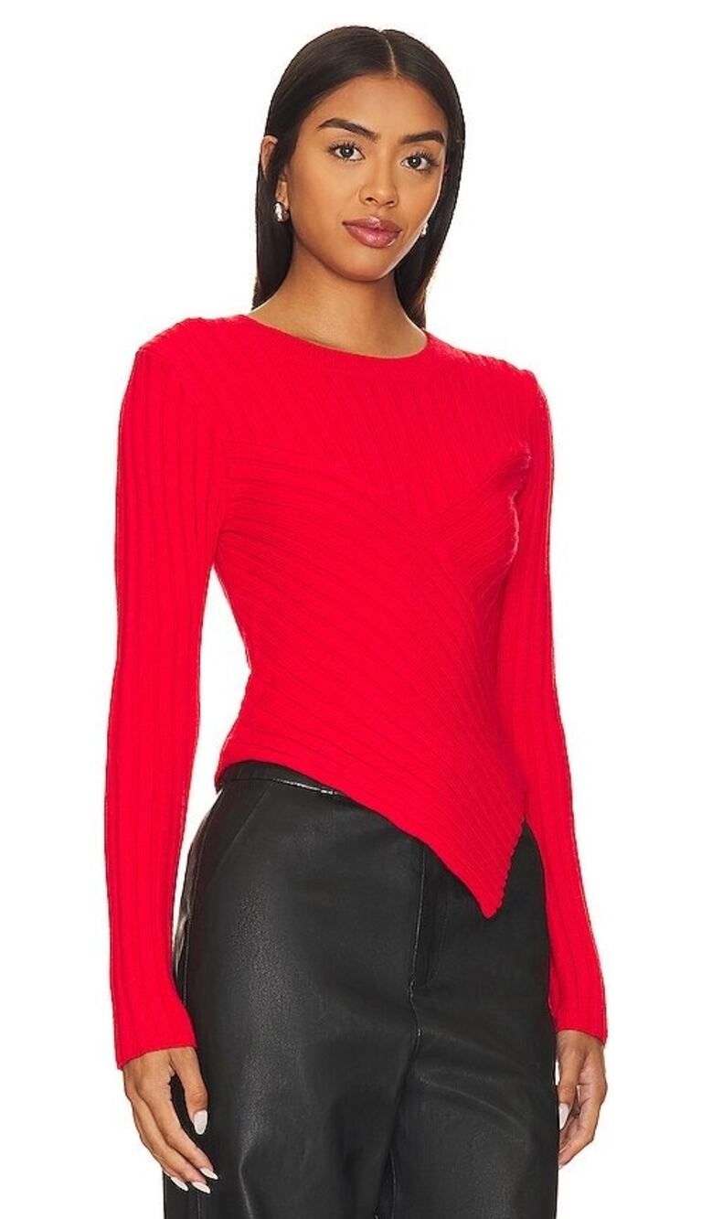 Steve Madden Melissa Red Rib Knit Asymmetrical Long Sleeve Sweater Top Size L